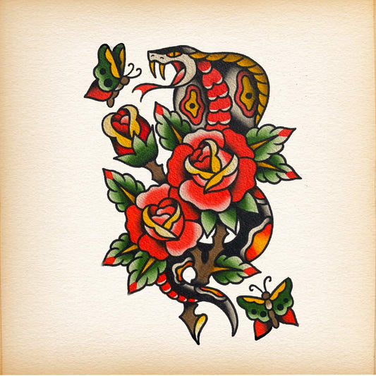 Traditional Tattoo   Roses & Snake